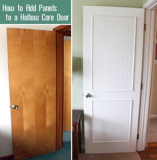 Before and after of hollow core door with beadboard.