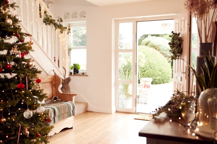 Entryway of home decorated for Christmas