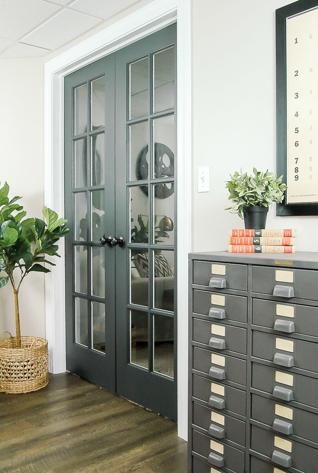 Dark grey French doors.