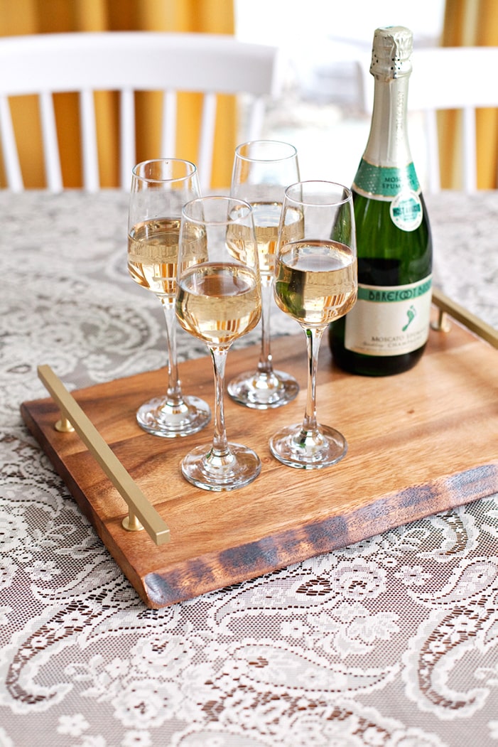 DIY serving tray with hardware used as handles.