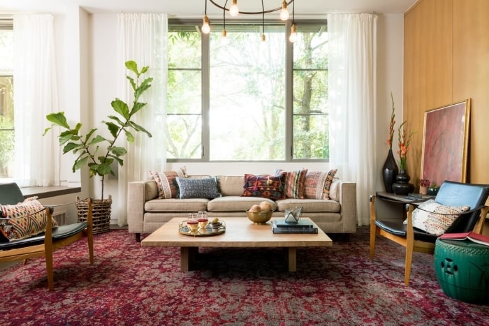 Living room with bohemian design accents.