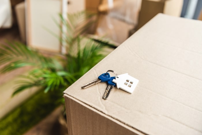 House keys laying on moving box.