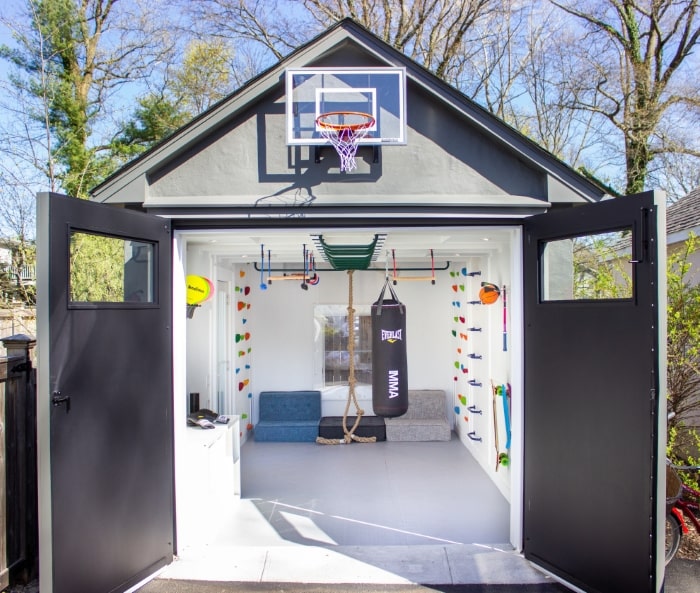 Kid-friendly home garage gym.