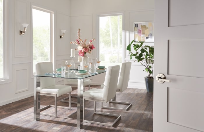 Modern dining room with Schlage Rosewood lever.