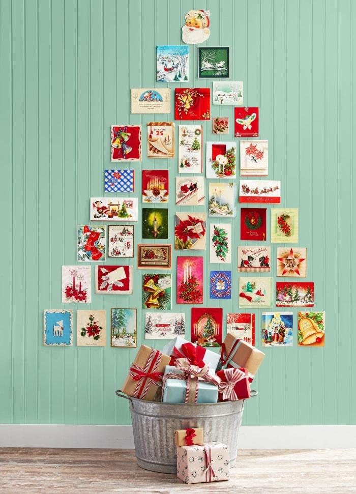 DIY wall Christmas tree made from Holiday greeting cards.
