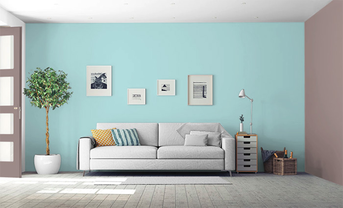 Living room painted with PPG's Misty Aqua