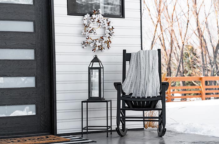 Modern farmhouse winter front porch.