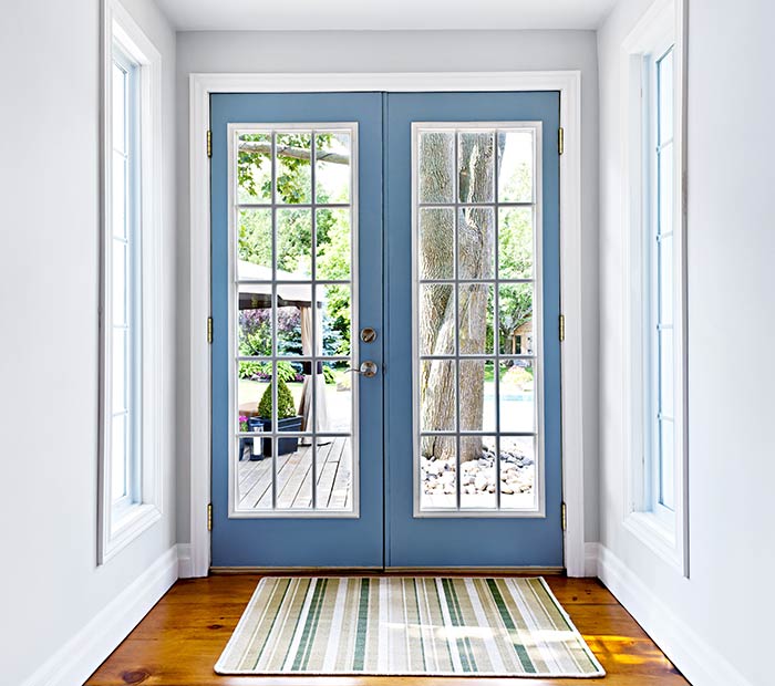 Blue french patio doors.