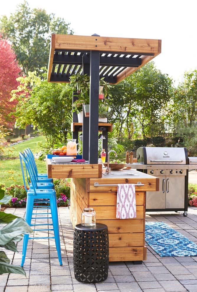 Outdoor backyard bar and grill with blue bar stools