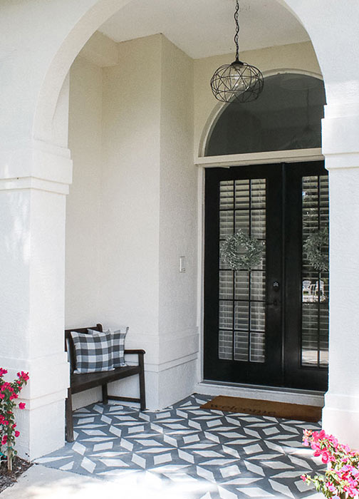 House Mix front porch makeover with paint after with french doors and stenciled floor