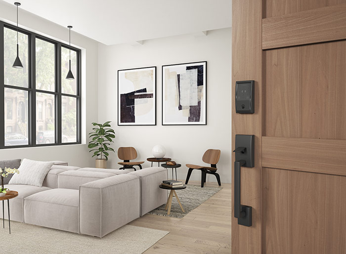 Schlage Encode Plus™ Smart WiFi Deadbolt with Century trim and Century front entry handle in Matte Black