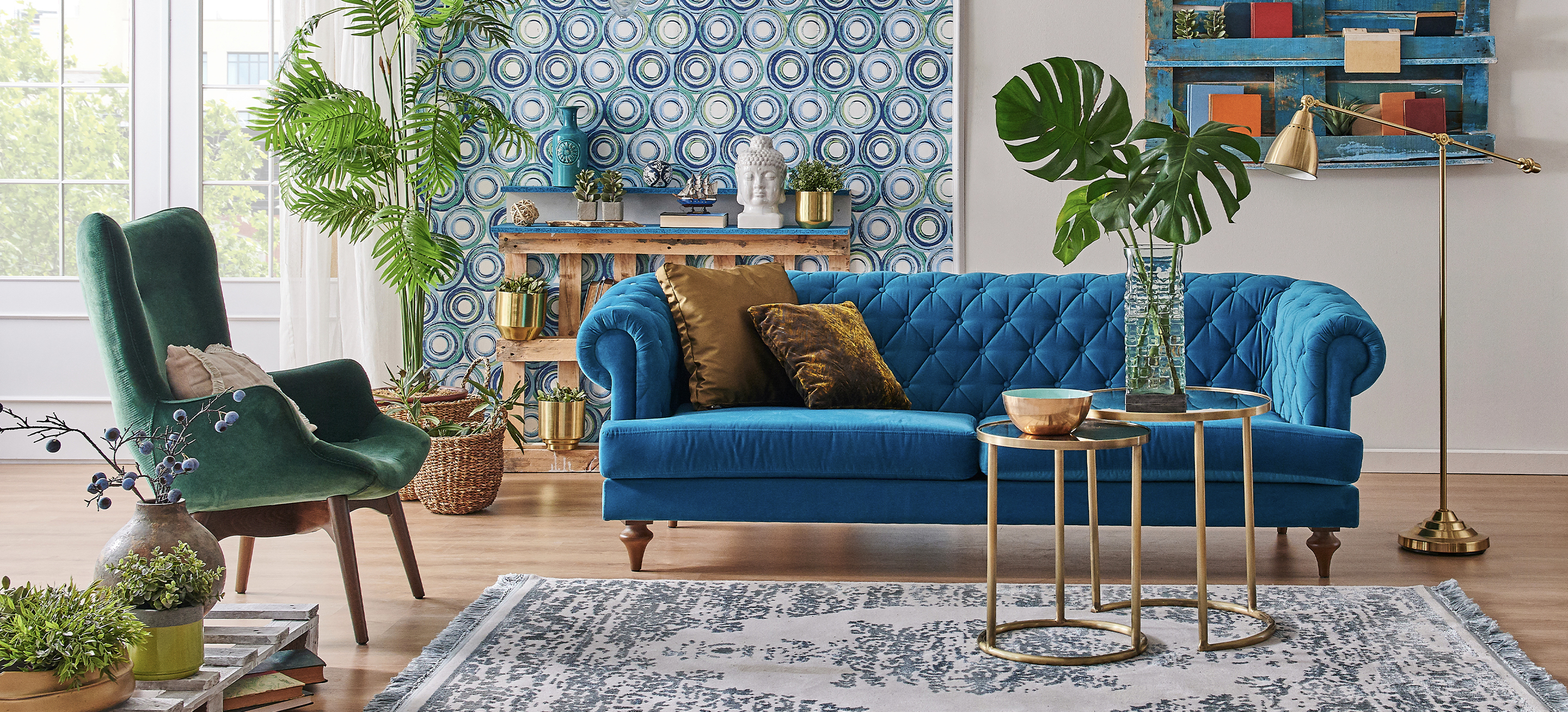 Eclectic living room with multiple colors, styles and patterns.