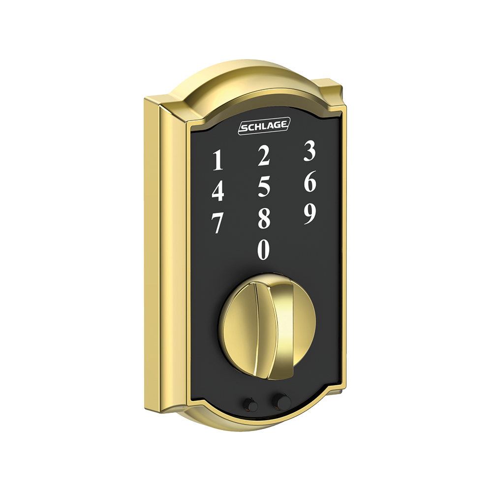 Schlage Touch Keyless Touchscreen Deadbolt with Camelot trim paired with Camelot Handleset and Flair Lever with Camelot trim