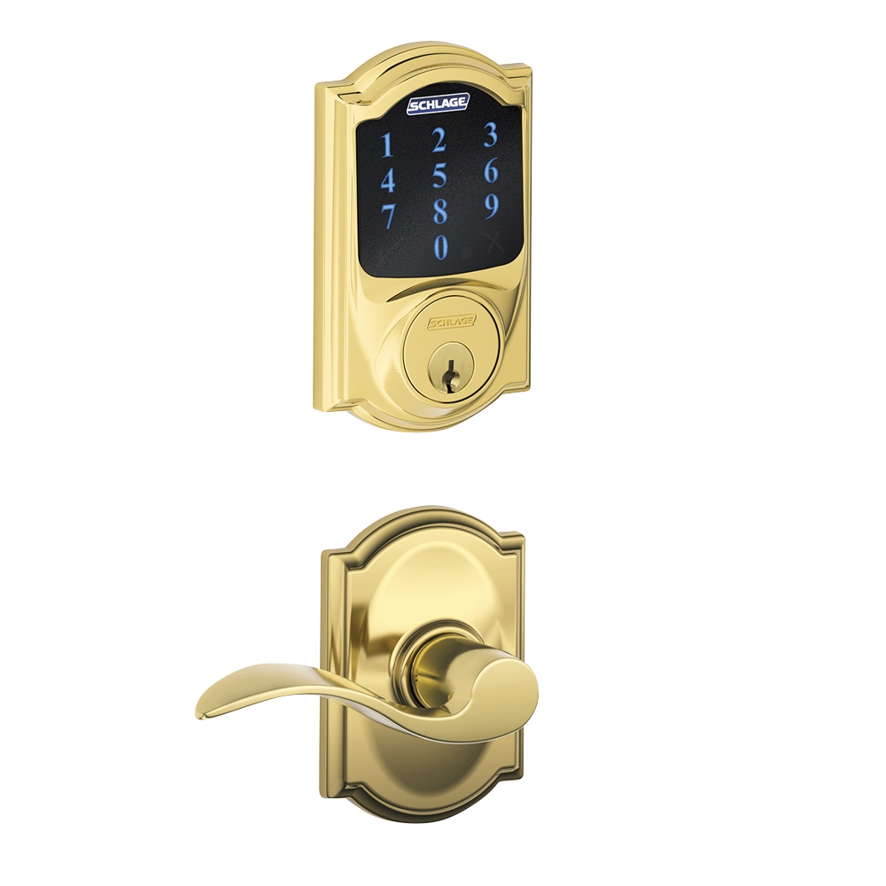 Schlage Connect Smart Deadbolt with alarm with Camelot trim, Z-wave enabled paired with Accent Lever with Camelot trim