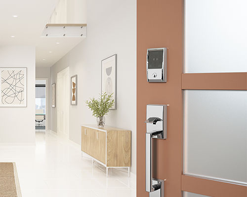 Smart lock and front entry handle in bright chrome.