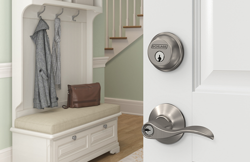 Satin Nickel keyed entry door lever with matching deadbolt for extra security.