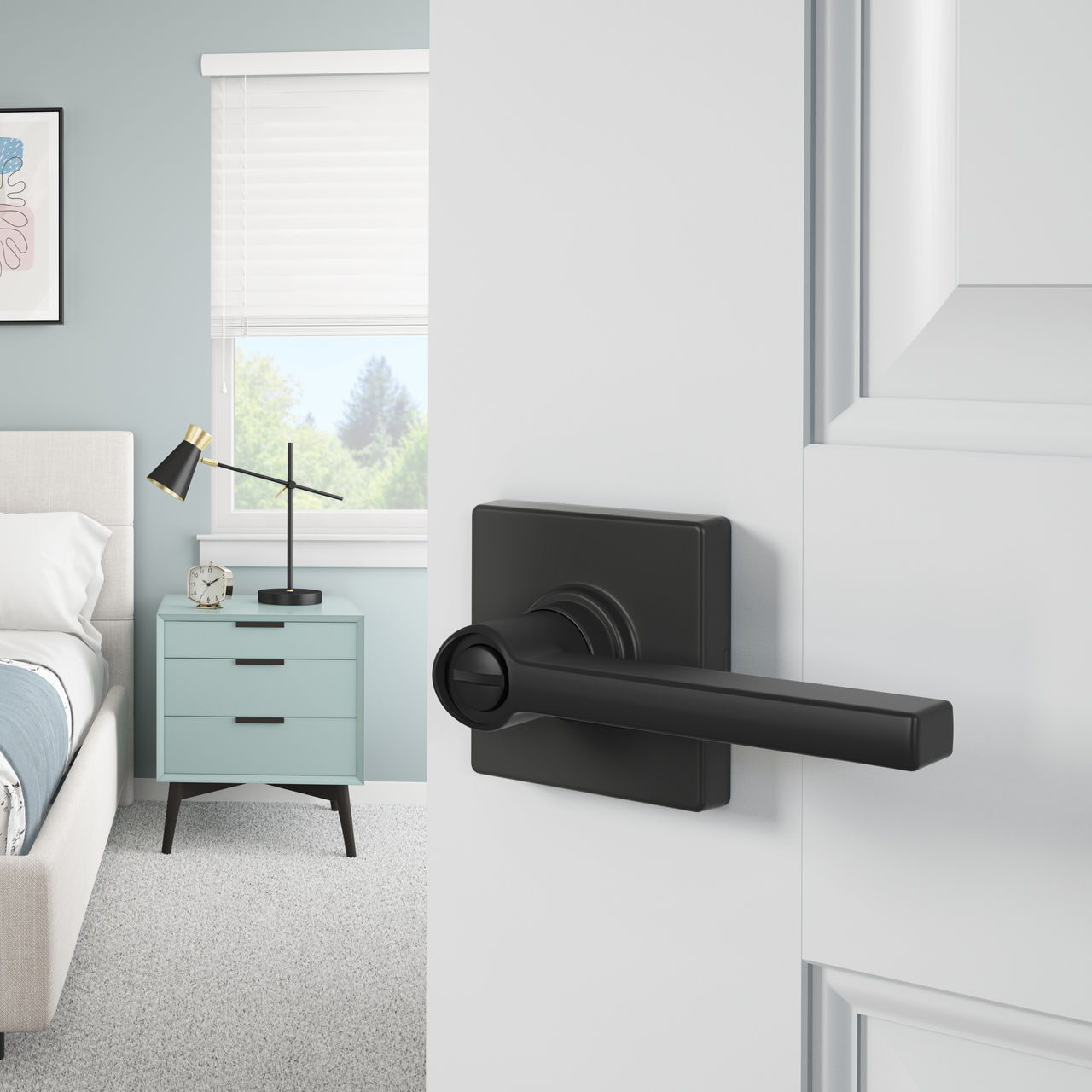 Schlage Home Essentials Hendrix Bed and Bath Locking Door Lever with Crawley Trim