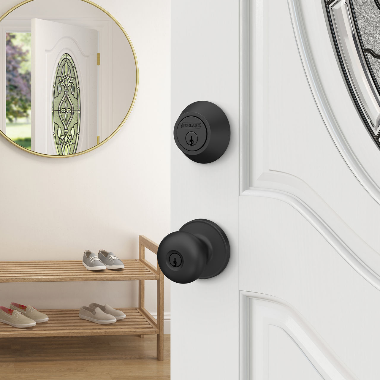 Schlage Home Essentials Single Cylinder Deadbolt and Marwood Keyed Entry Door Knob