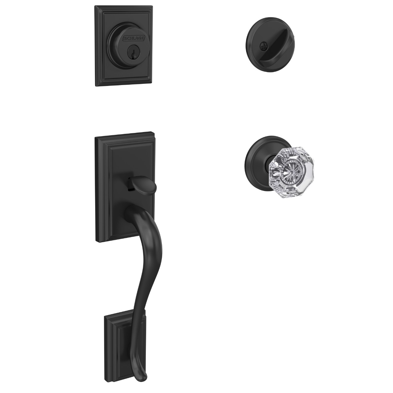 Custom Single Cylinder Handleset and Alexandria Glass Knob with Alden Trim