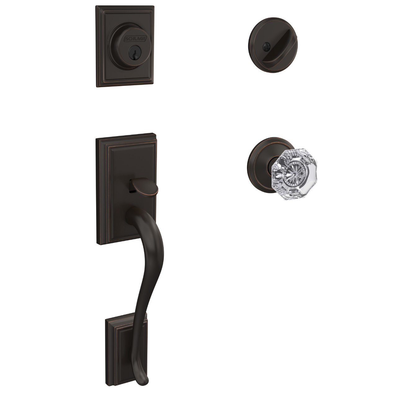 Custom Single Cylinder Handleset and Alexandria Glass Knob with Alden Trim
