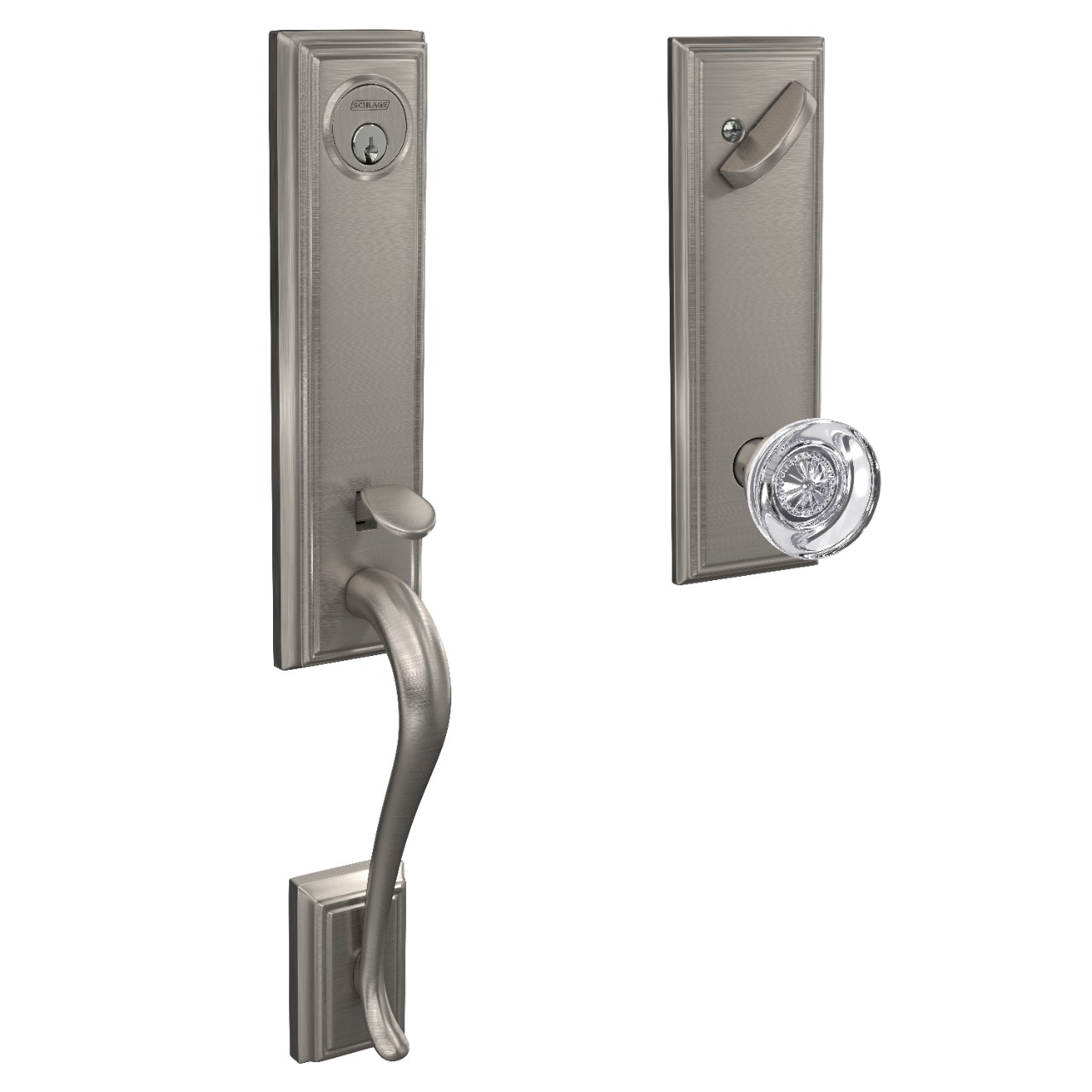 Custom 3/4 Trim Single Cylinder Handleset and Hobson Glass Knob with Addison Trim