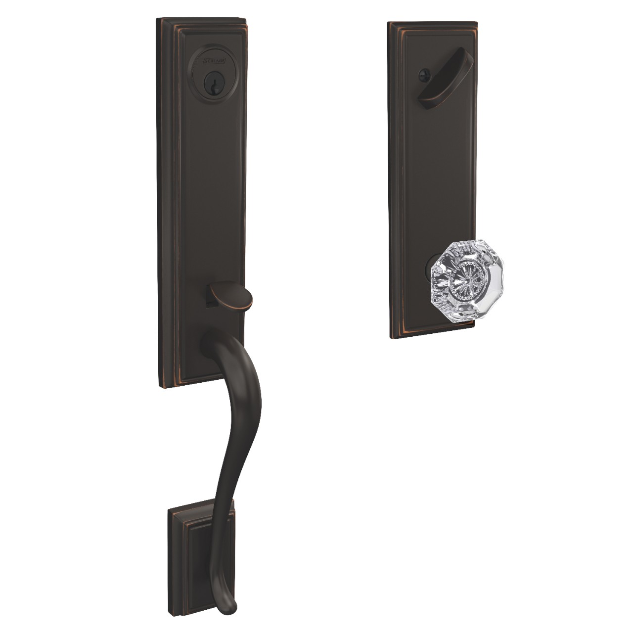 Custom 3/4 Trim Single Cylinder Handleset and Alexandria Glass Knob with Addison Trim