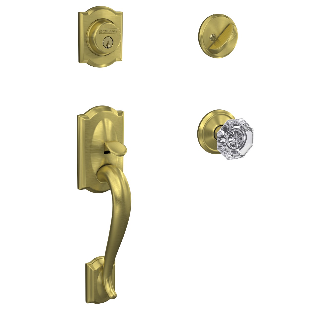 Custom Single Cylinder Handleset and Alexandria Glass Knob with Alden Trim
