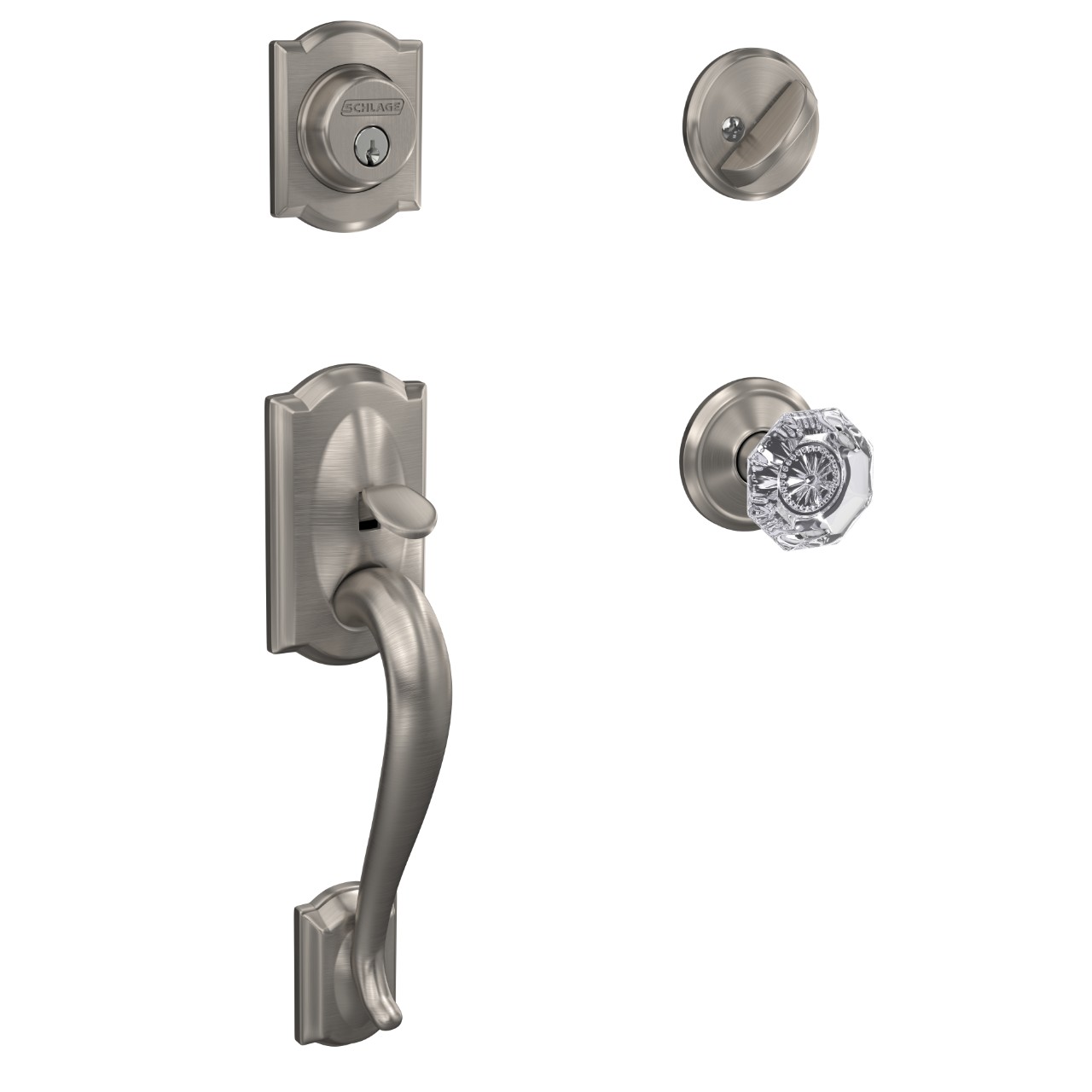 Custom Single Cylinder Handleset and Alexandria Glass Knob with Alden Trim