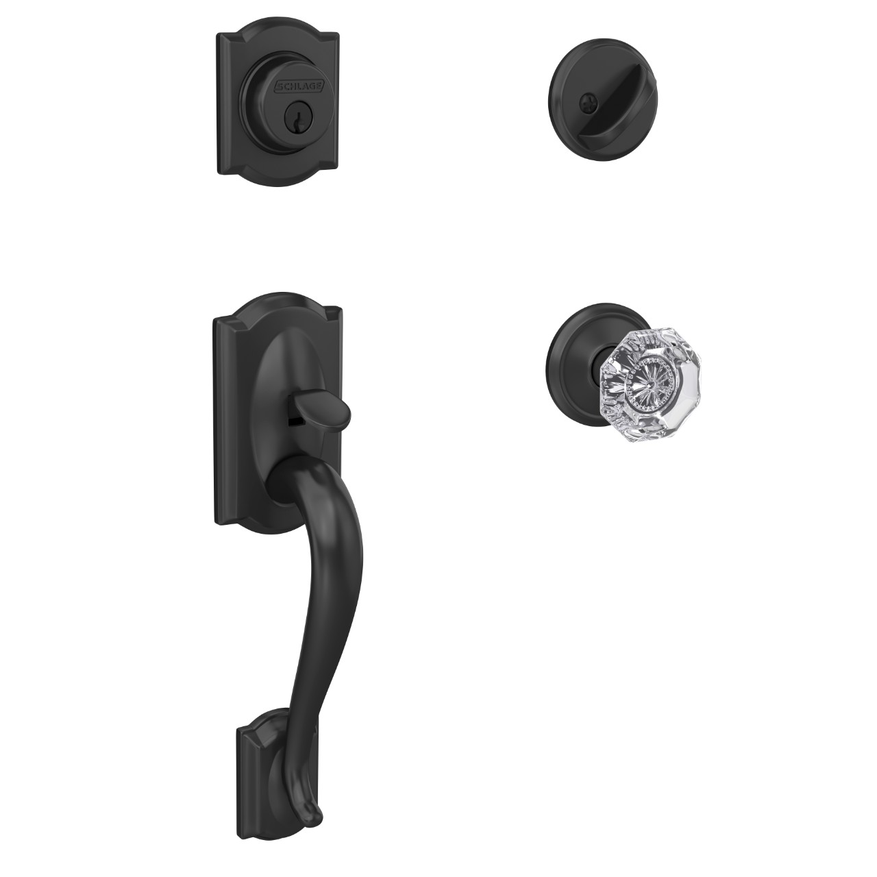 Custom Single Cylinder Handleset and Alexandria Glass Knob with Alden Trim
