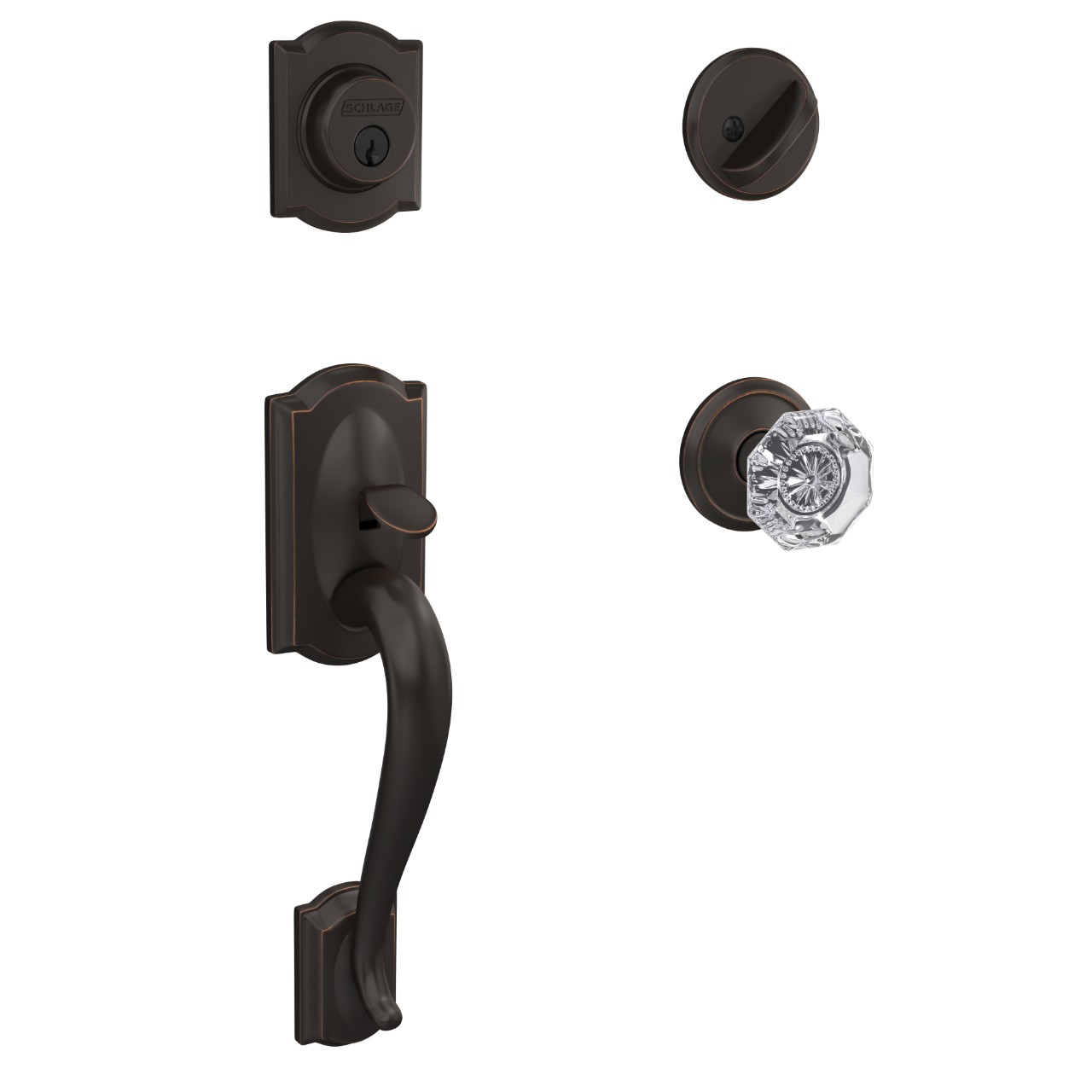 Custom Single Cylinder Handleset and Alexandria Glass Knob with Alden Trim
