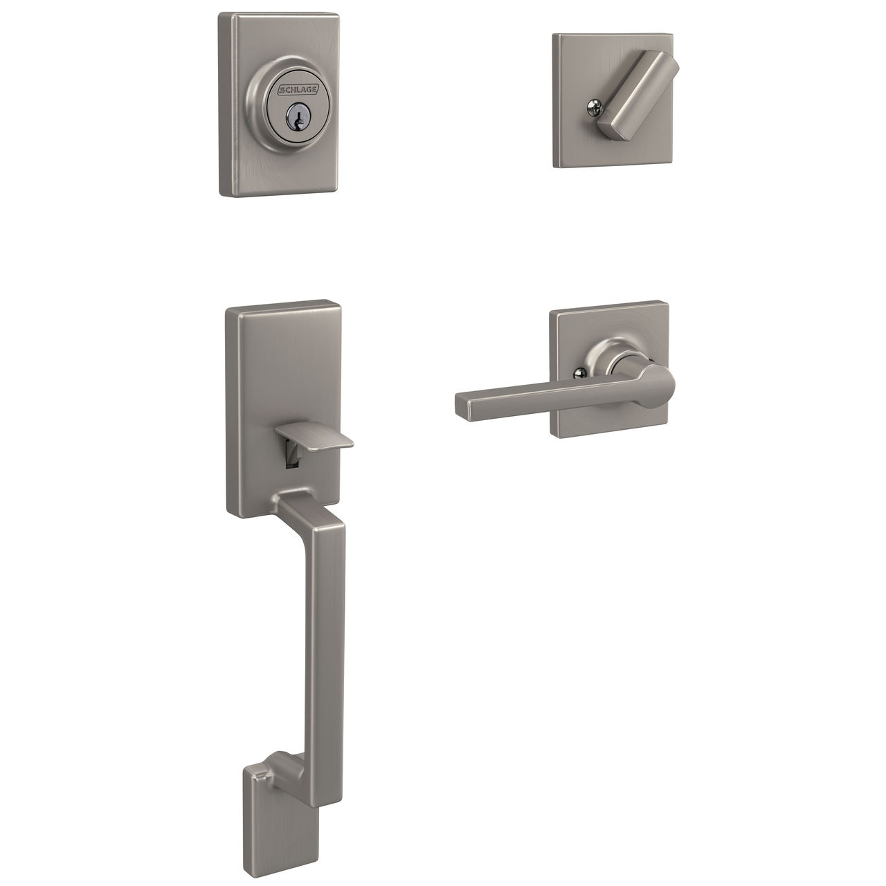 Schlage Home Essentials Truss Single Cylinder Handleset and Hendrix Lever with Crawley Trim