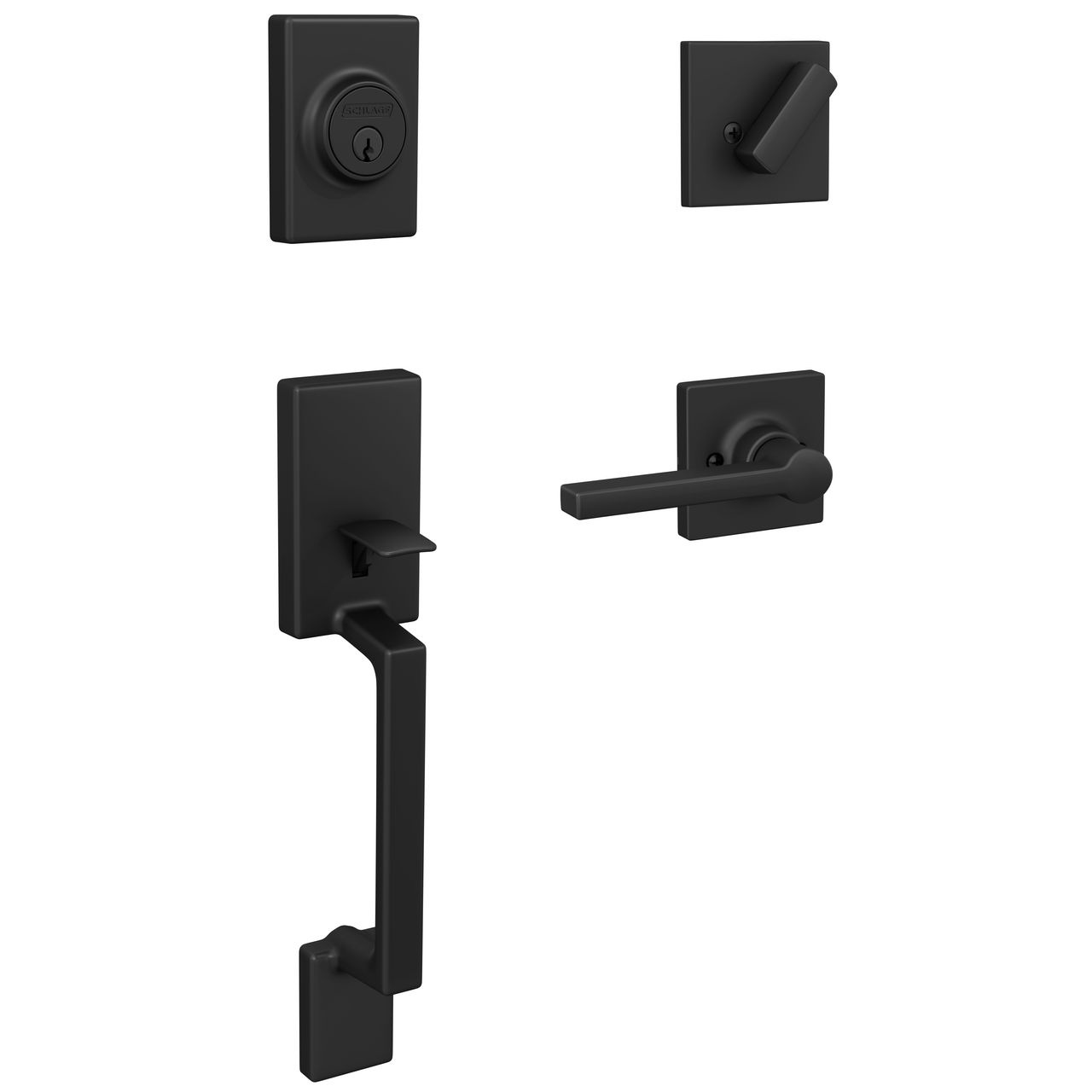 Schlage Home Essentials Truss Single Cylinder Handleset and Hendrix Lever with Crawley Trim