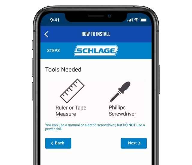 Schlage Home app interactive installation instructions screen