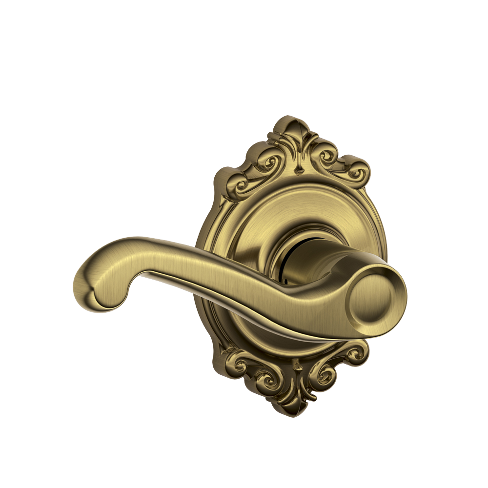 Flair lever with Brookshire trim in Antique Brass finish
