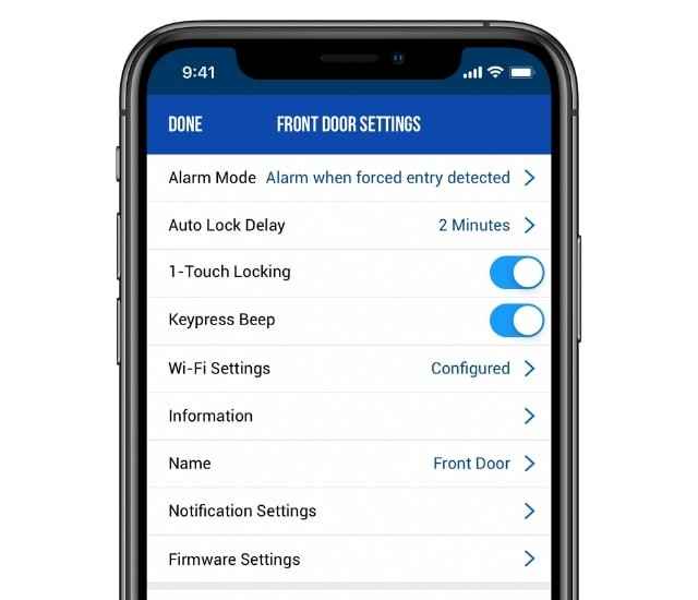 Schlage Home app settings screen.